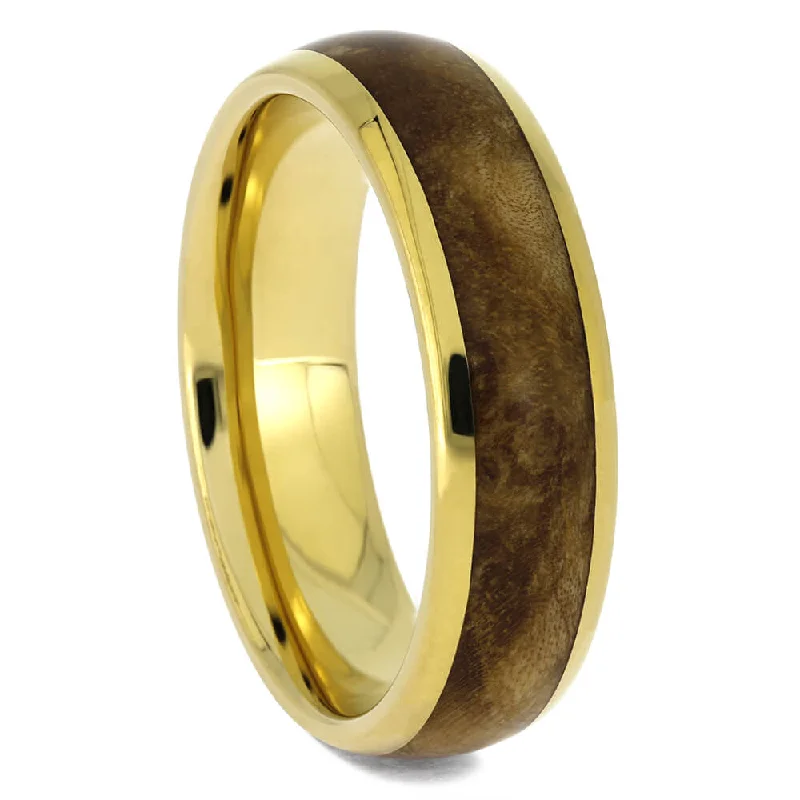 women's spiritual engagement rings-Yellow Gold Wedding Band with Black Ash Burl Wood