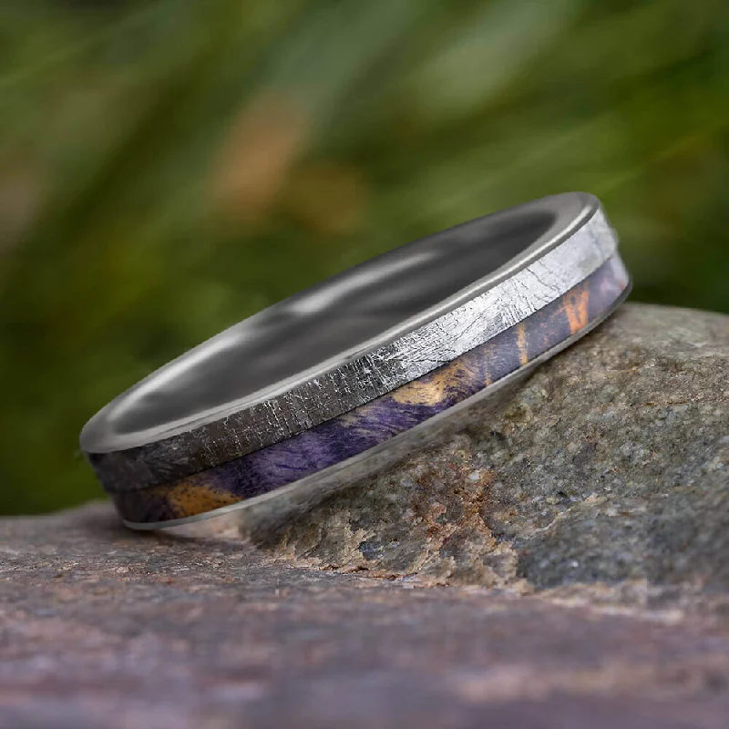 women's zodiac rings-Purple Wedding Band With Wood & Meteorite