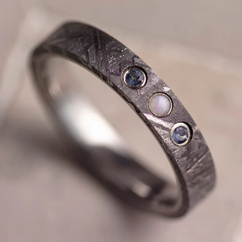 women's stacked rings-Meteorite Ring With Opal And Aquamarine Gemstones