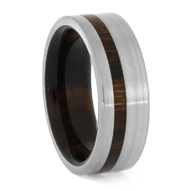 women's thick band engagement rings-Brushed Titanium and Wood Men's Wedding Band