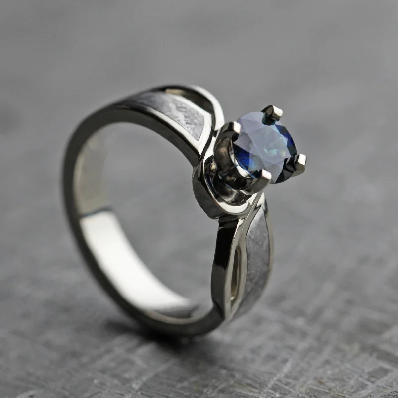 women's moonstone engagement rings-Blue Sapphire Engagement Ring, Meteorite Ring, White Gold Ring