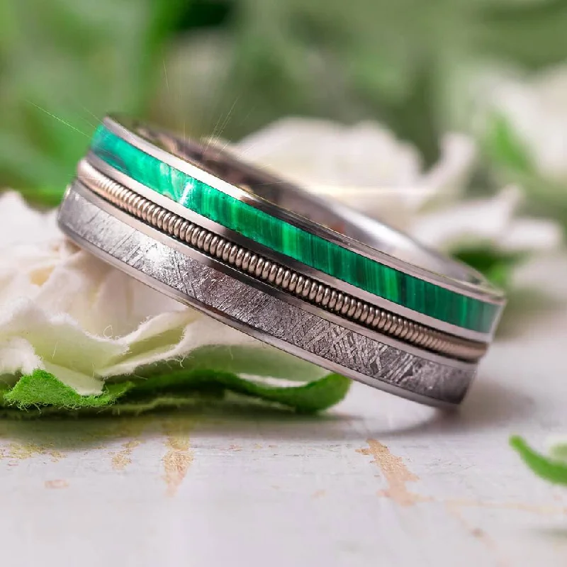 women's nature-inspired rings-Guitar String Wedding Band With Meteorite & Malachite