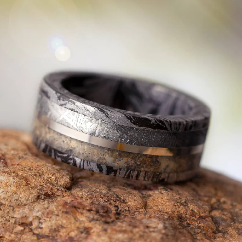 women's pearl rings-Black & White Mokume Gane Ring with Meteorite, Dinosaur Bone