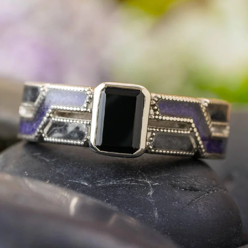 women's oval cut engagement rings-Black Engagement Ring with Onyx and Amethyst