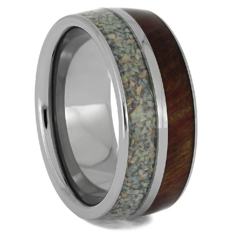 women's hypoallergenic engagement rings-Ruby Redwood Wedding Band with Crushed Opal