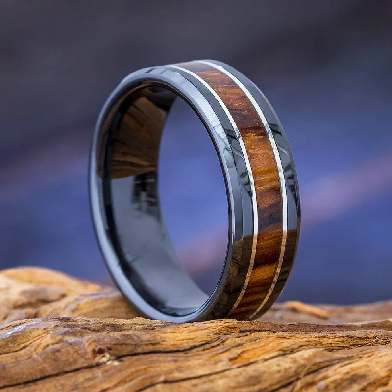 women's black diamond engagement rings-Black Wedding Band with Zebrawood & Pinstripes