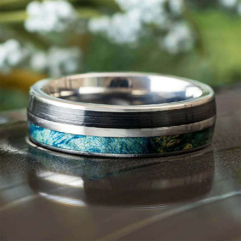 women's white gold engagement rings-Vinyl Record Wedding Band with Blue Wood