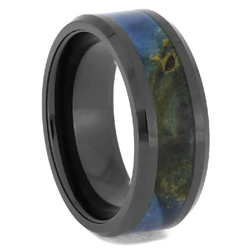 women's spiritual engagement rings-Black Ceramic Wedding Band with Blue Wood Inlay