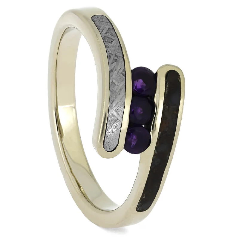 women's double halo engagement rings-Amethyst Engagement Ring with Meteorite and Dinosaur Bone