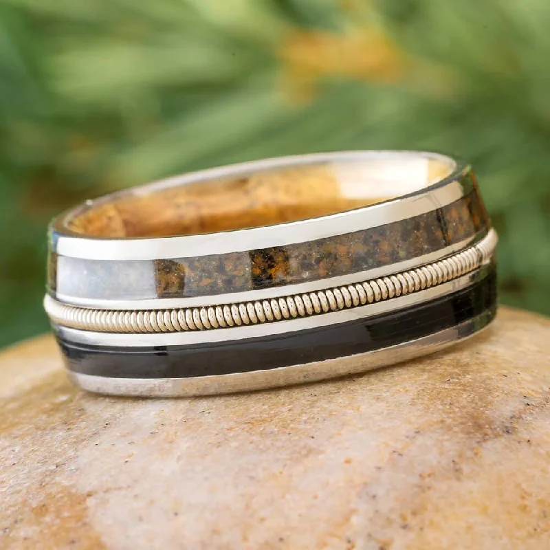 women's floral engraved rings-Vinyl Record, Guitar String, and Whiskey Barrel Ring with Fossil Inlay