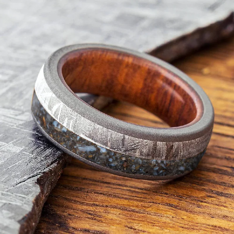 women's magnetic rings-Men's Meteorite Wedding Band with Dinosaur Bone and Wood Sleeve