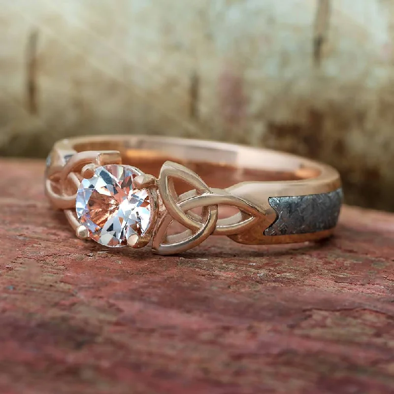 women's simple engagement rings-Meteorite Engagement Ring With Morganite and Trinity Knots