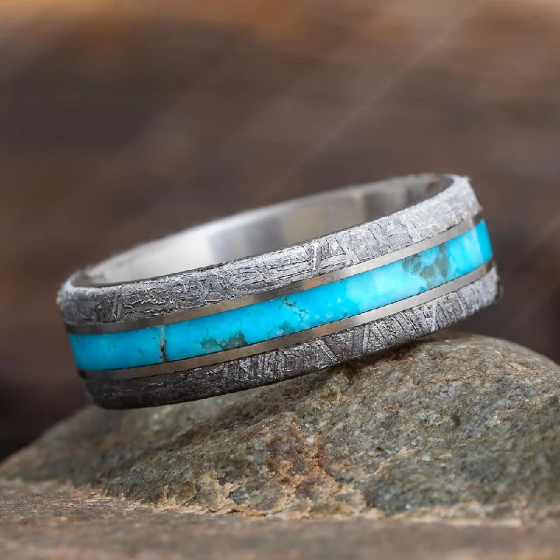 women's lightweight rings-Turquoise Ring for Man With Meteorite Edges Separated By Titanium