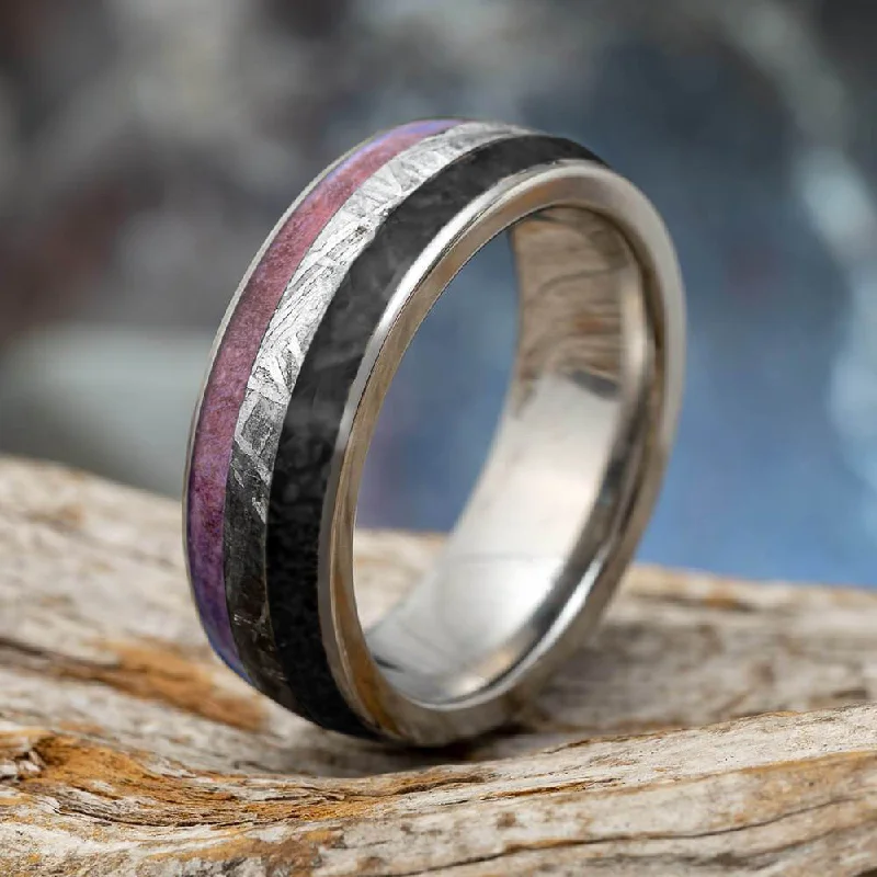 women's engraved rings-Meteorite Wedding Band with Purple Box Elder Burl Wood and Dinosaur Bone