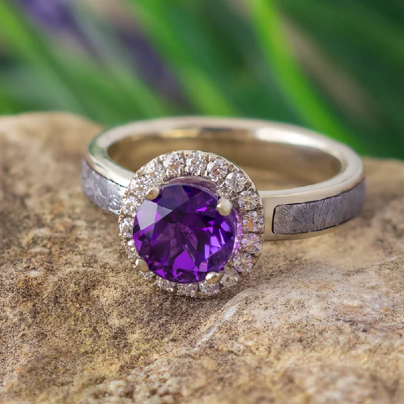 women's hypoallergenic engagement rings-Amethyst Engagement Ring With Moissanite Halo & Meteorite