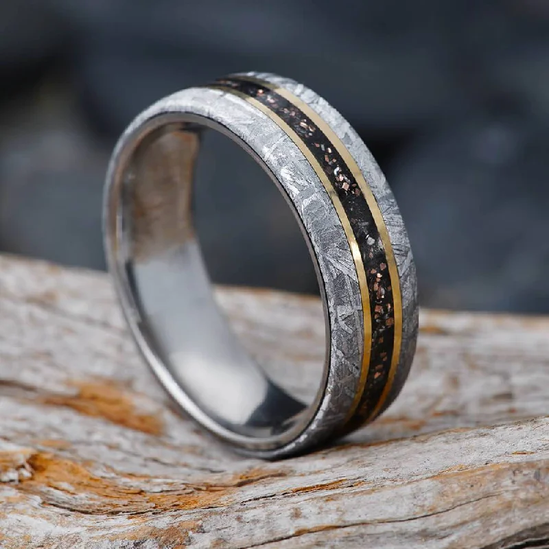 women's bold gold rings-Titanium Ring With Meteorite, Black Stardust & Gold Pinstripes