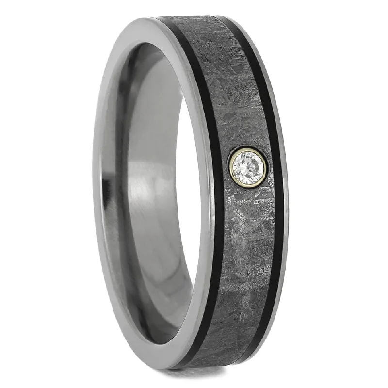 women's handcrafted engagement rings-Meteorite Wedding Band with Bezel Solitaire Diamond