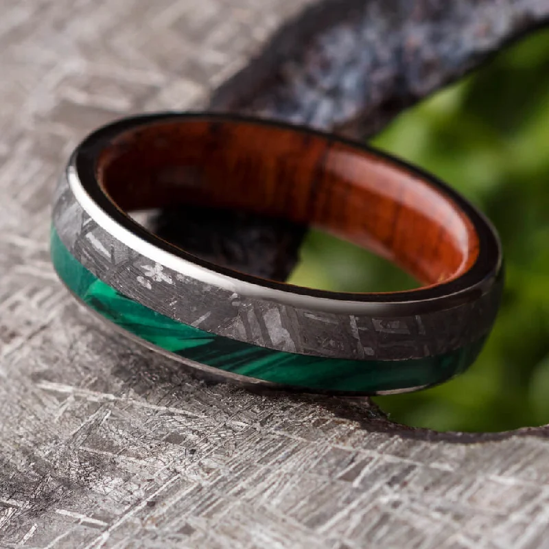 women's split shank rings-Unique Men's Wedding Band With Meteorite, Ironwood Sleeve and Malachite