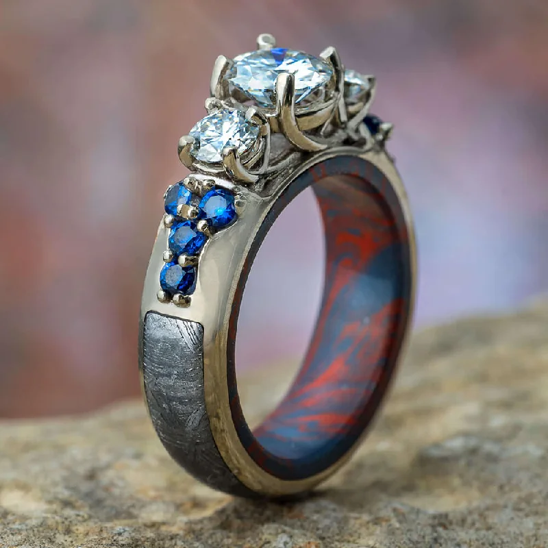 women's stacked rings-Moissanite Engagement Ring with Meteorite and Mokume Sleeve