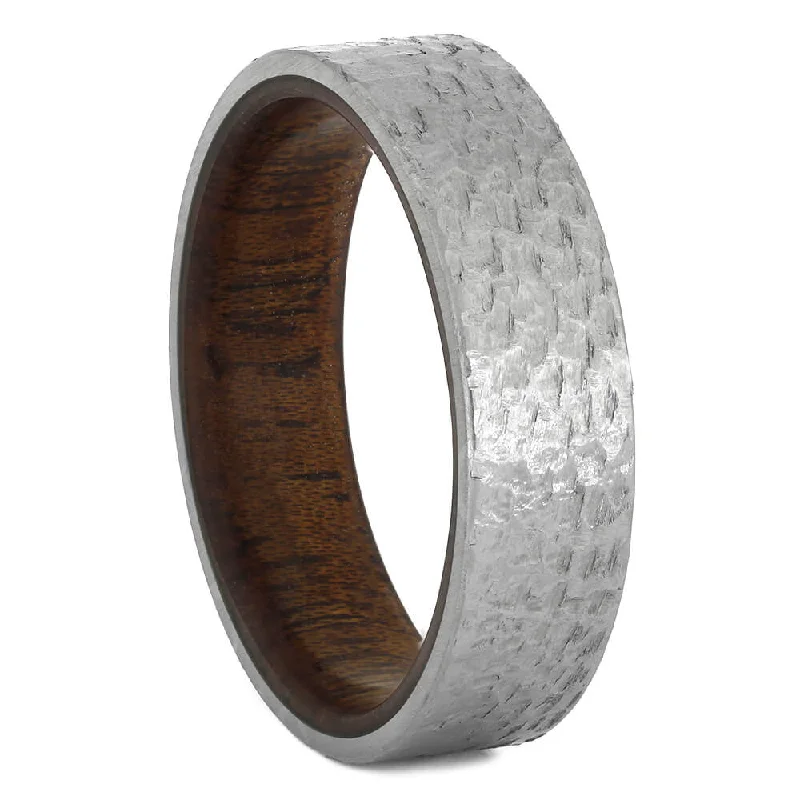 women's gold band engagement rings-Wedding Band with Mahogany Wood Sleeve and Hammered Finish