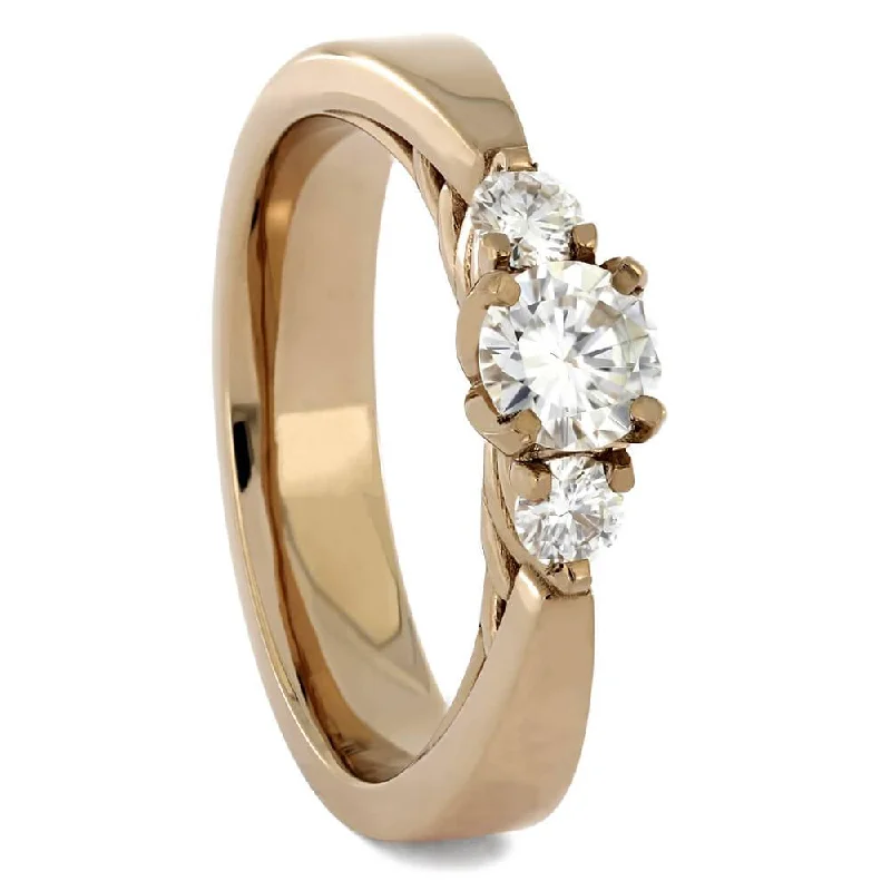 women's hidden halo engagement rings-Triple Stone Moissanite Engagement Ring in Rose Gold