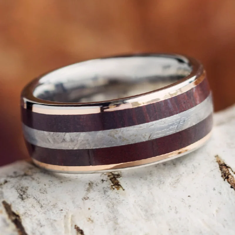 women's casual rings-Petrified Wood & Meteorite Ring with Gold Pinstripes