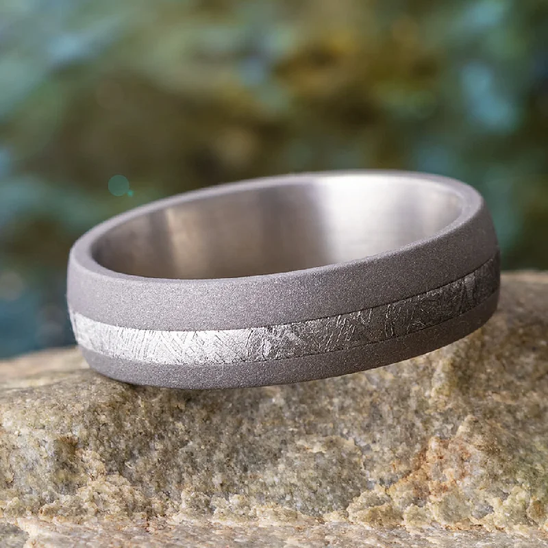 women's trendy engagement rings-Men's Meteorite Wedding Band With Sandblasted Titanium