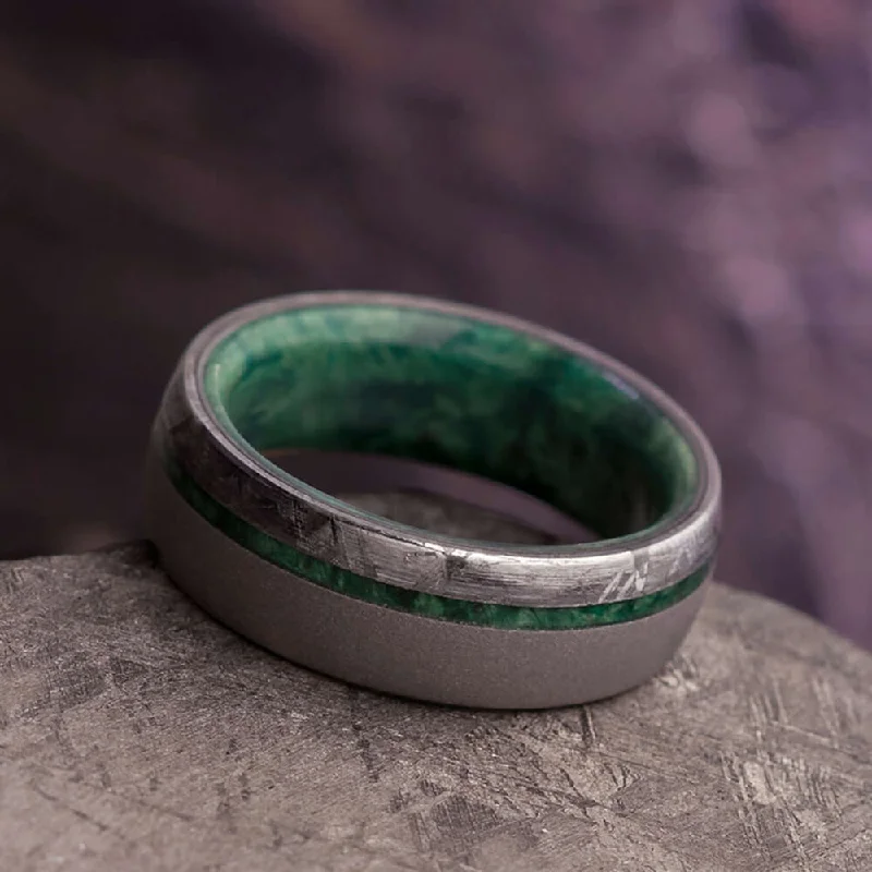 women's cushion cut engagement rings-Sandblasted Men's Wedding Band With Green Box Elder Wood And Meteorite