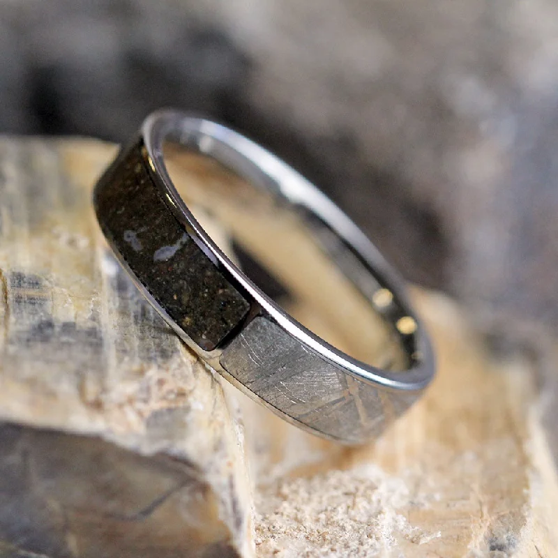 women's gothic rings-Dinosaur Bone & Meteorite Titanium Wedding Band