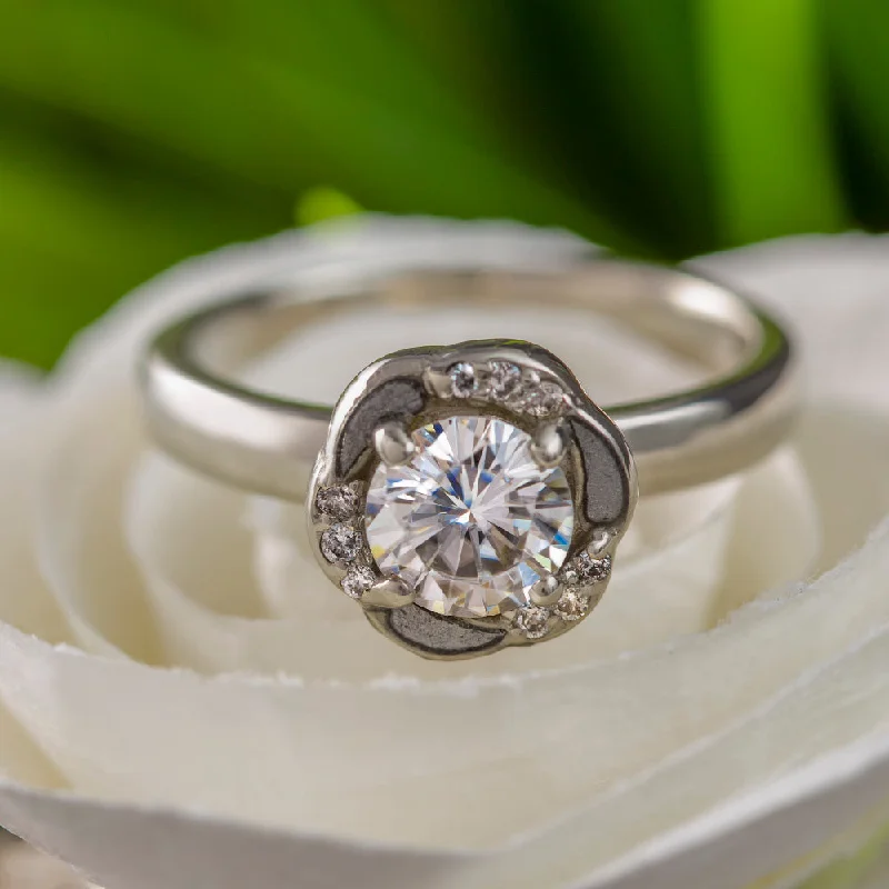 women's ethical engagement rings-Flower Shaped Engagement Ring with Meteorite and Moissanite