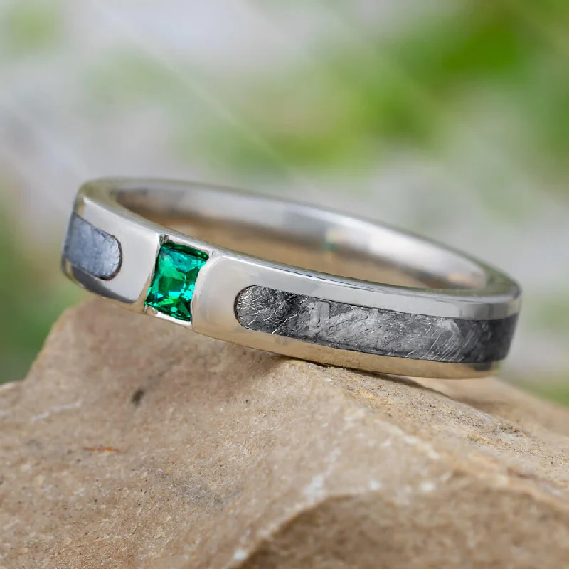 women's luxury designer rings-Gold Engagement Ring with Meteorite and Princess Cut Emerald