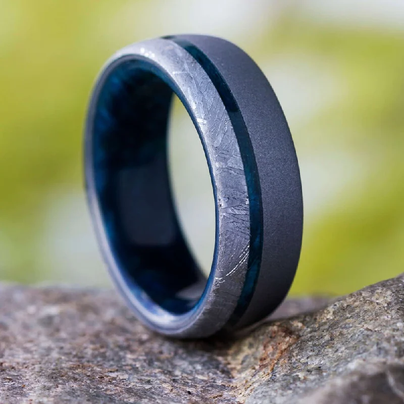 women's unique engagement rings-Meteorite & Blue Wood Men's Wedding Band