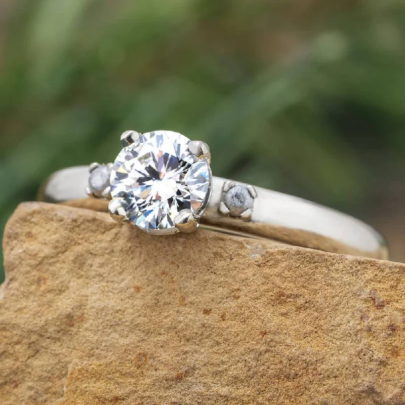 women's moonstone engagement rings-Three Stone Engagement Ring with Meteorite Stones