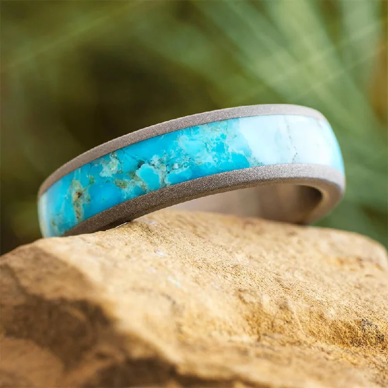 women's modern engagement rings-Turquoise Wedding Band in Sandblasted Titanium