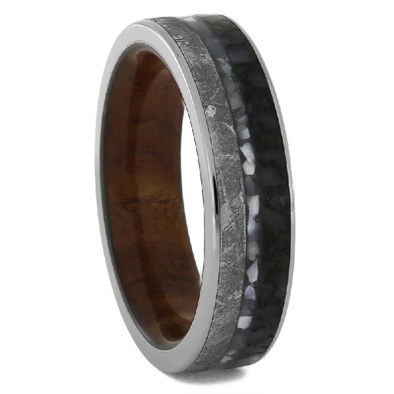 women's gothic engagement rings-Tulipwood, Meteorite, and Dinosaur Bone Wedding Band