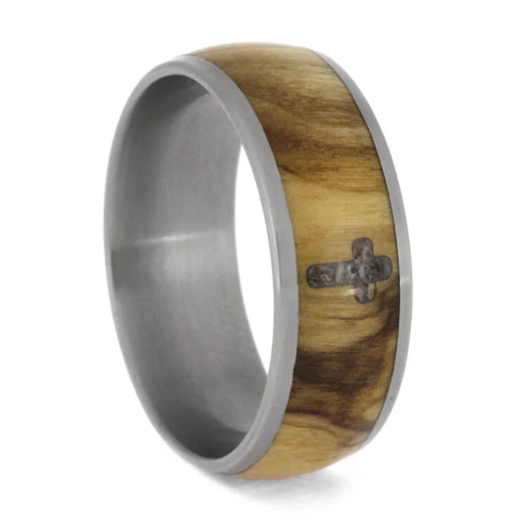 women's hand-carved engagement rings-Wood Wedding Band with Antler Cross Inlay