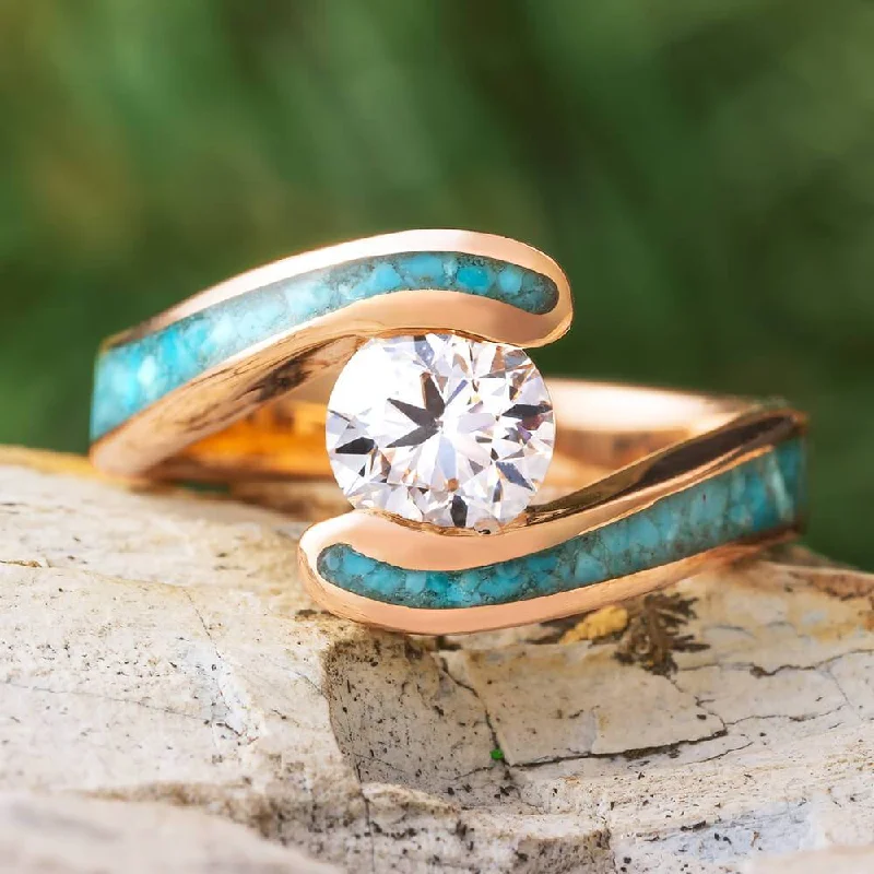 women's signet rings-Diamond and Turquoise Engagement Ring With Faux Tension Setting