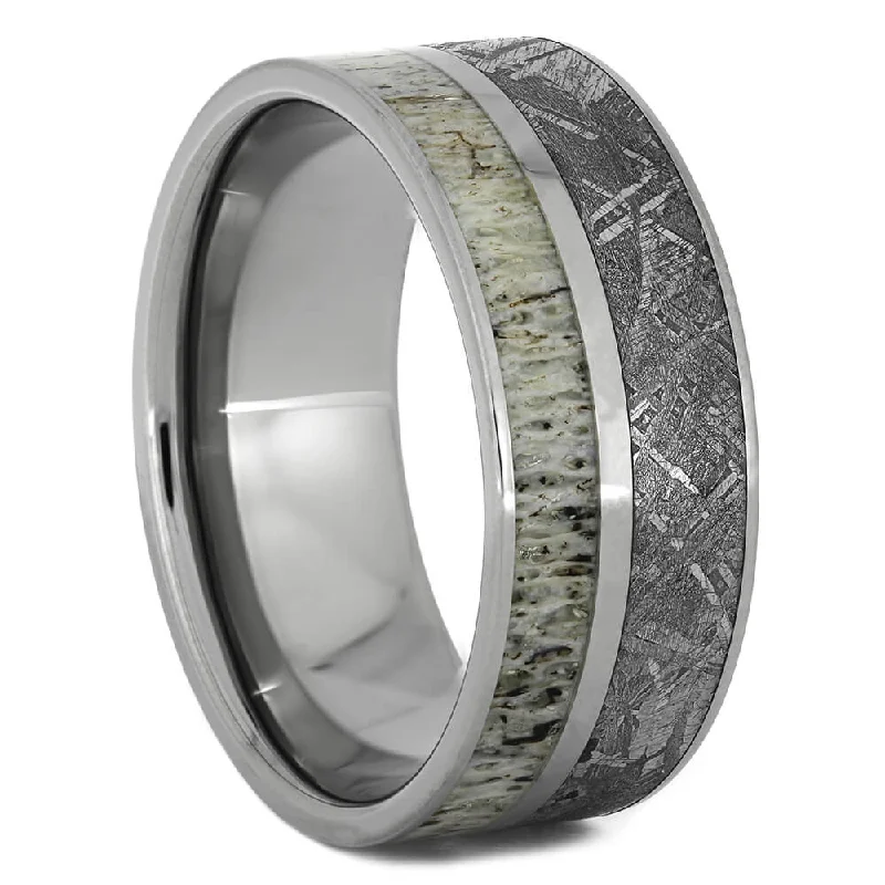 women's boho engagement rings-Meteorite Wedding Band with Deer Antler