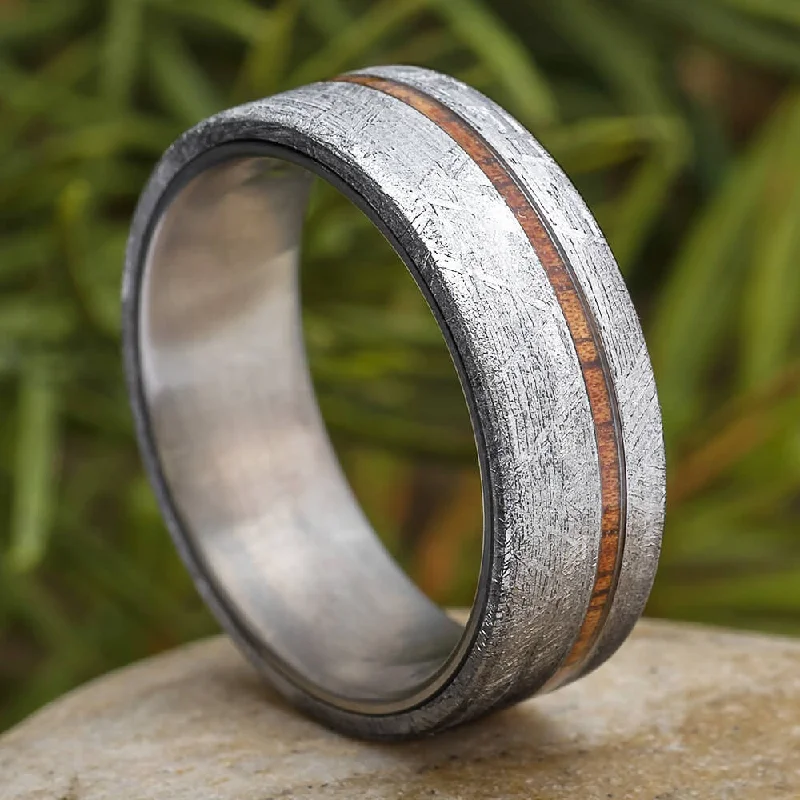 women's celestial planet rings-Meteorite Ring with Thin Koa Wood Pinstripe Over Titanium