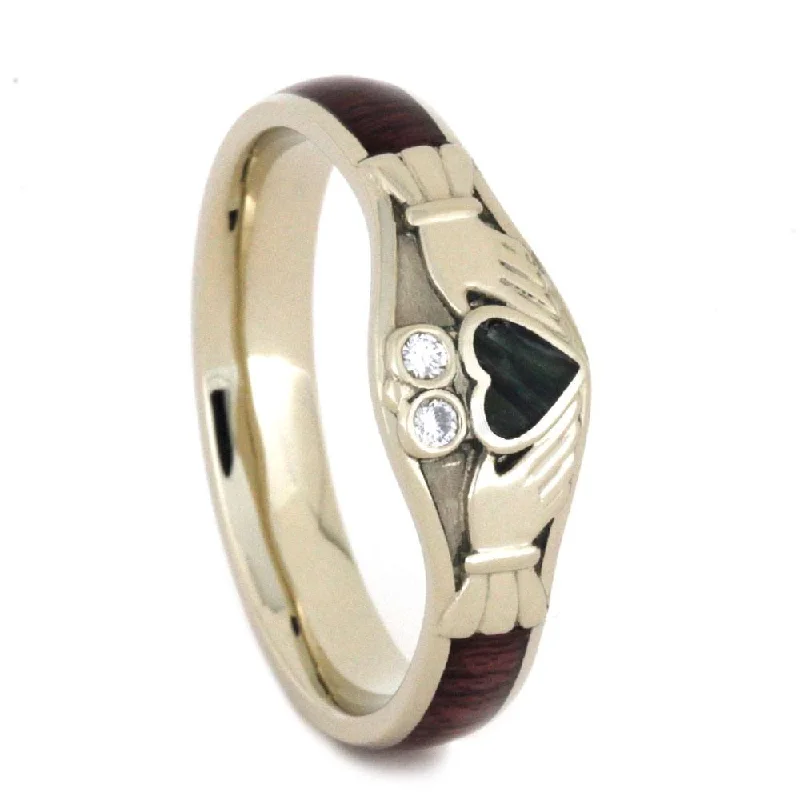 women's platinum engagement rings-Claddagh Engagement Ring with Jade Heart, Diamonds and Wood