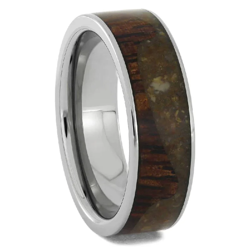 women's aquamarine engagement rings-Koa Wood & Dinosaur Bone Wavy Wedding Band