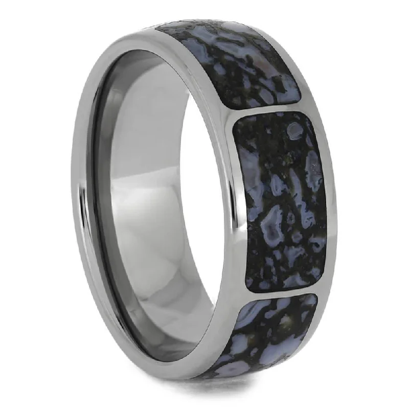 women's round engagement rings-Blue Dinosaur Bone Wedding Band with Segmented Profile