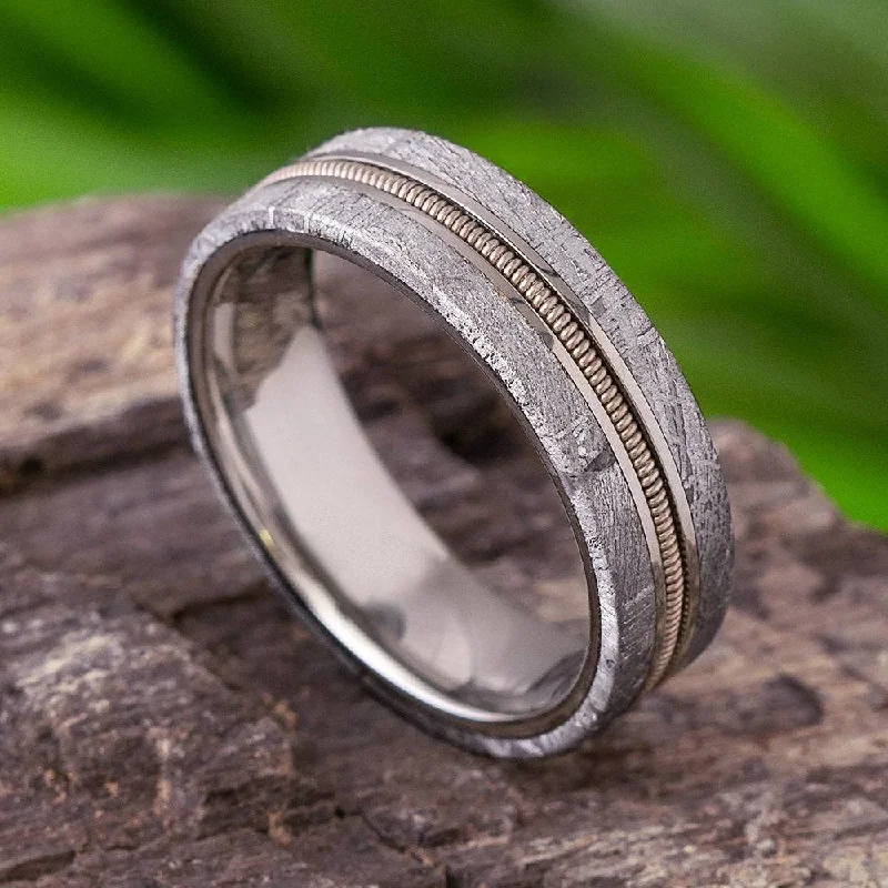 women's ethically sourced rings-Guitar String Wedding Band in Gibeon Meteorite