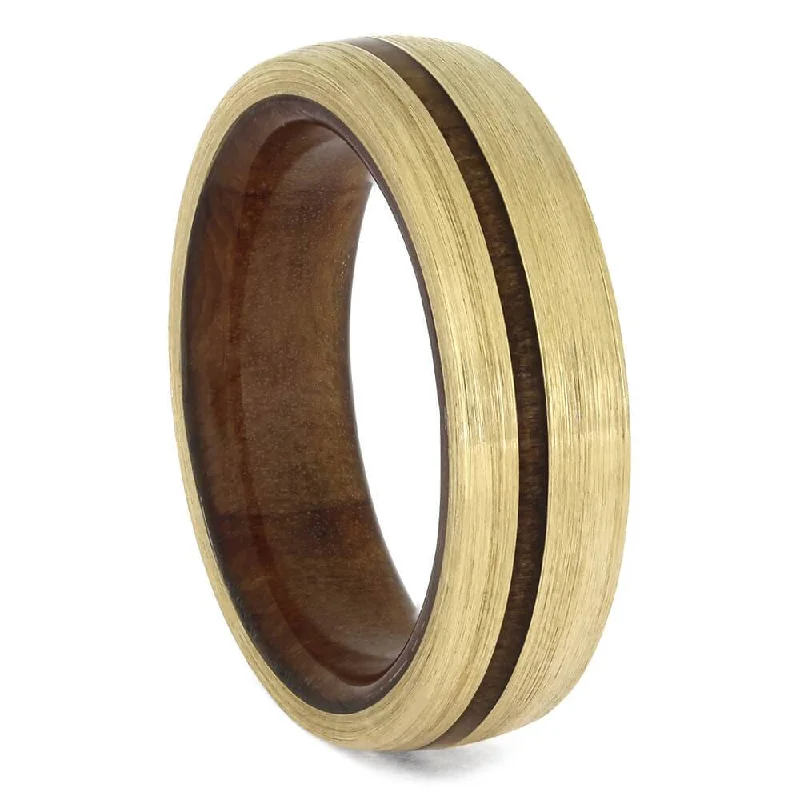 women's nature-inspired engagement rings-Brushed Yellow Gold Wedding Band with Redwood Sleeve