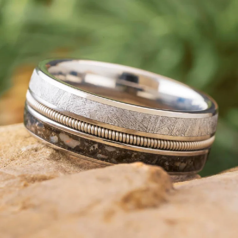 women's platinum rings-Dinosaur Bone and Meteorite Ring with Guitar String