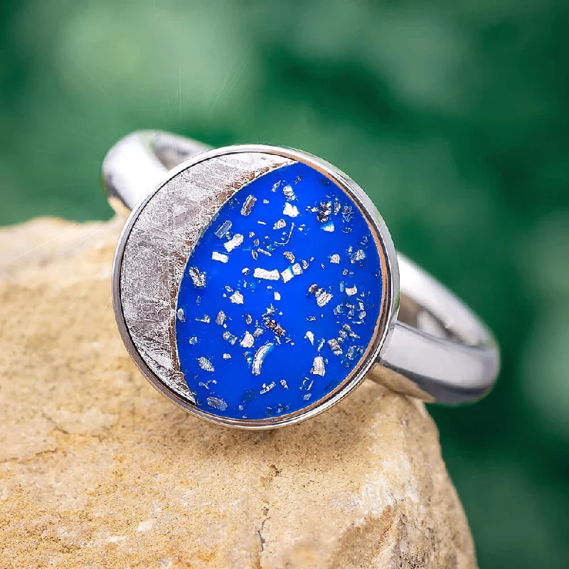 women's handcrafted rings-Starry Night Ring with Meteorite Moon and Blue Stardust