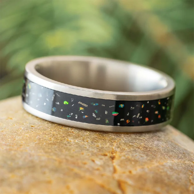 women's solitaire engagement rings-Black Opal Stardust™ Meteorite Wedding Band