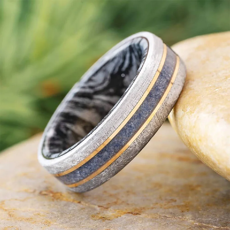 women's platinum engagement rings-Meteorite Wedding Band with Mokume Sleeve and Birthstones