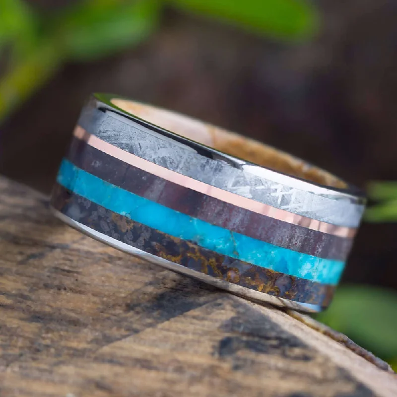 women's rose gold rings-Men's Wedding Band With Whiskey Oak Sleeve, Turquoise, Meteorite & Dinosaur Bone