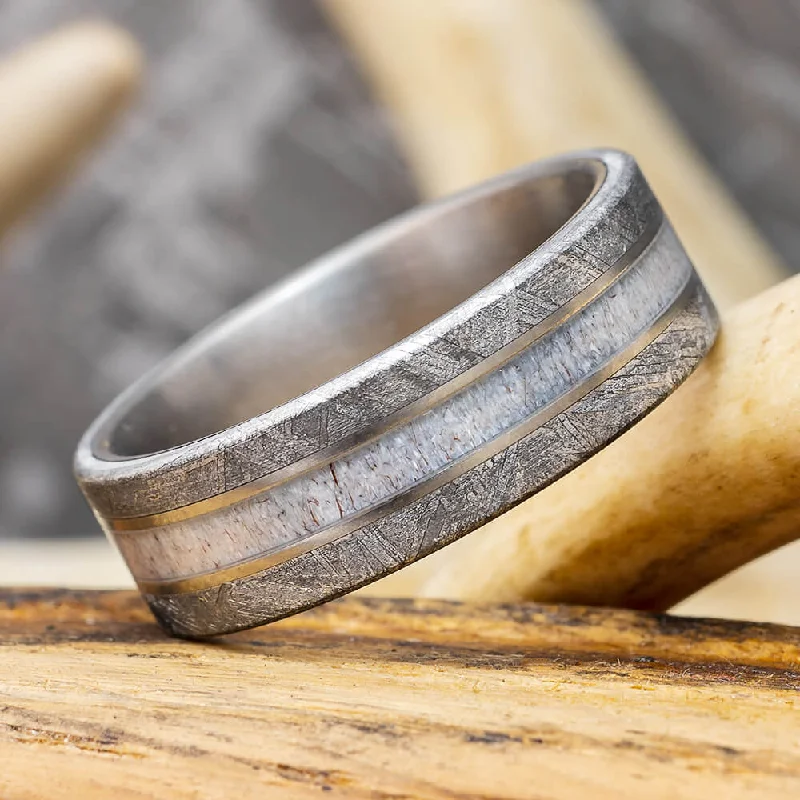 women's art deco rings-Meteorite and Antler Men's Wedding Ring in Matte Titanium